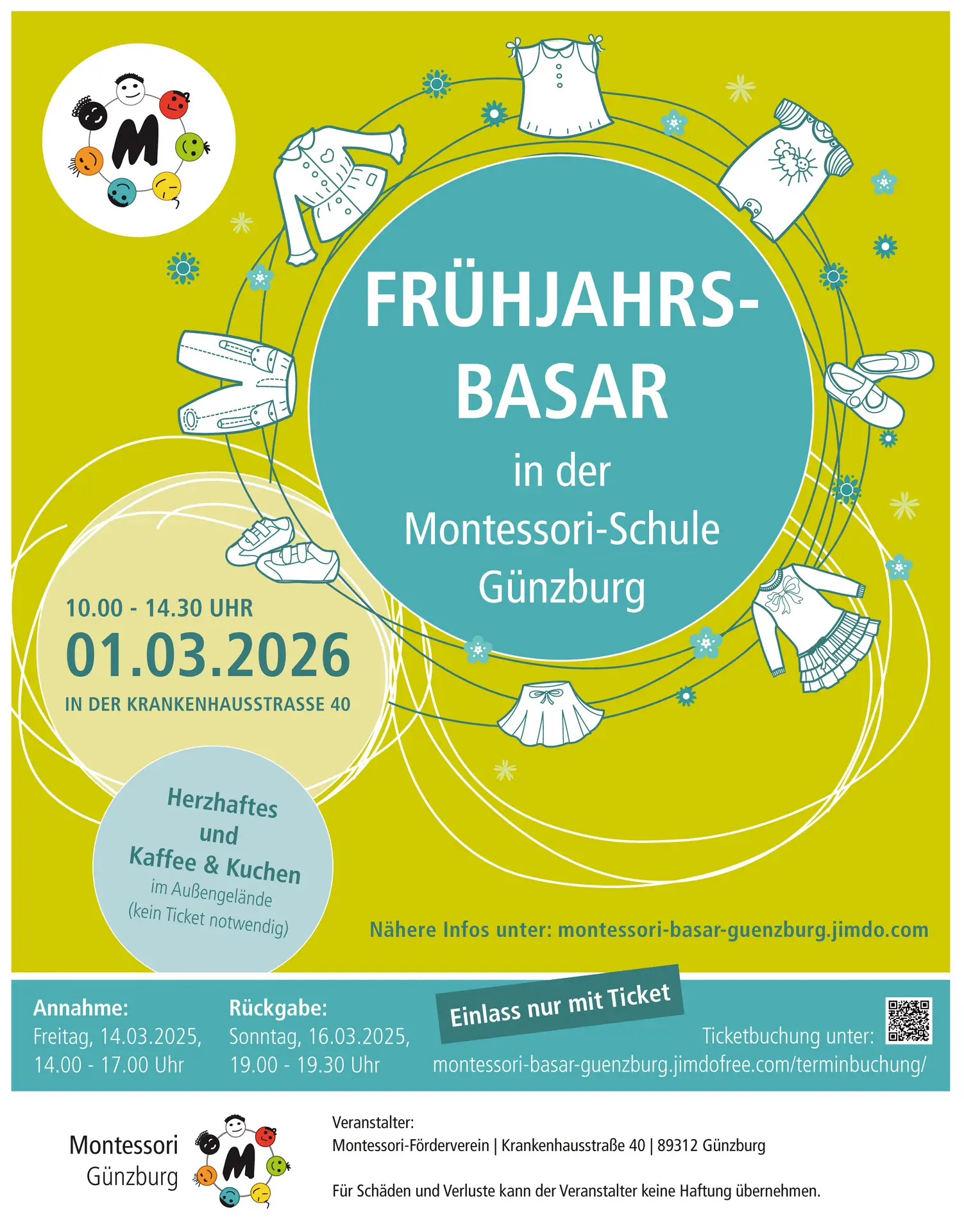 Plakat für den Montessori-Frühlingsbasar mit Datum, Uhrzeit und Veranstaltungsdetails.