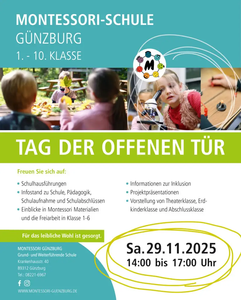 Plakat für den „Tag der offenen Tür“ der Montessori-Schule Günzburg mit Veranstaltungsdetails.