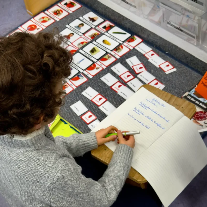 Kind ordnet Wortkarten auf einem Teppich und arbeitet an einem Montessori-Sprachmaterial.