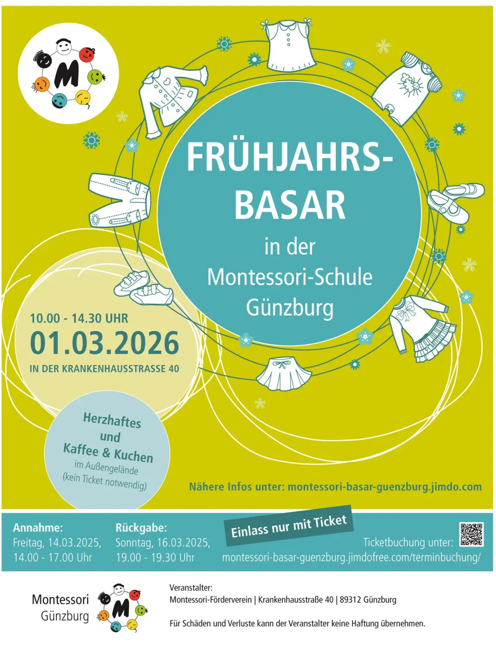 Plakat für den Montessori-Frühlingsbasar mit Datum, Uhrzeit und Veranstaltungsdetails.