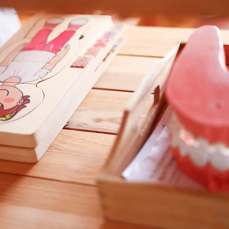 Holzmaterialien und Kinderbücher in einer vorbereiteten Lernumgebung.