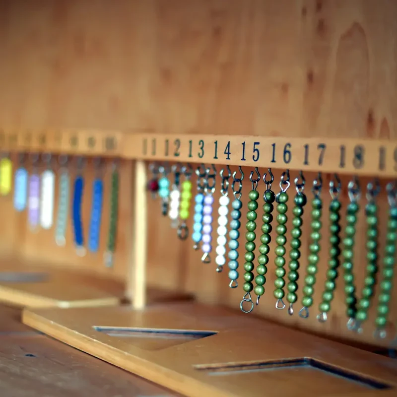 Perlenstäbe hängen sortiert nach Menge und Farbe in einer Lernstation