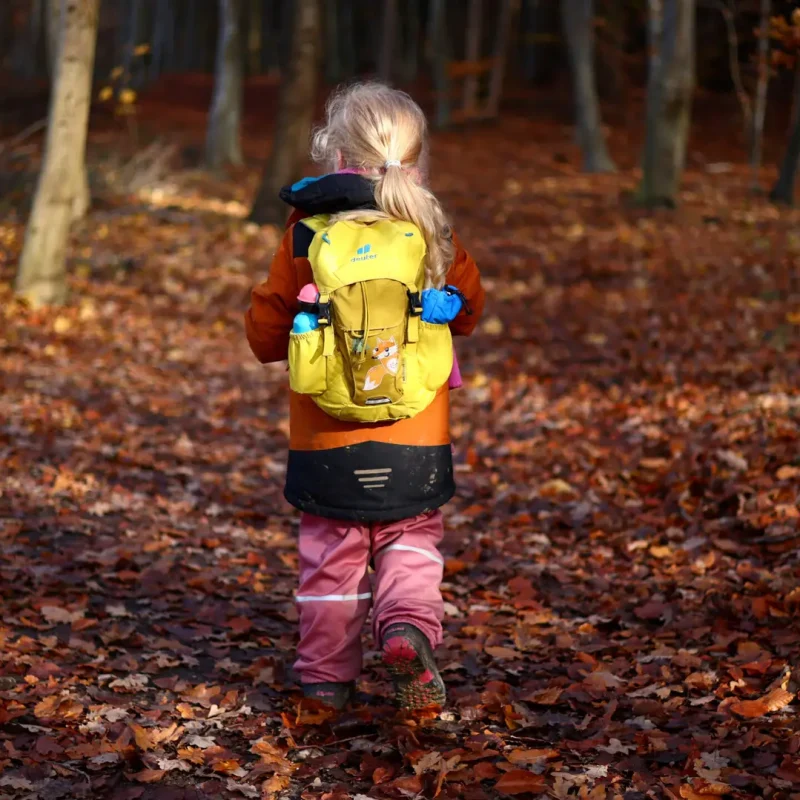 Kind mit gelbem Rucksack steht auf einem Laubboden und schaut in den Wald hinein.